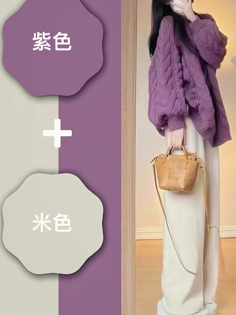 茶系小柄な女性向け秋冬甘辛パープルセーターツーピーススーツ一式