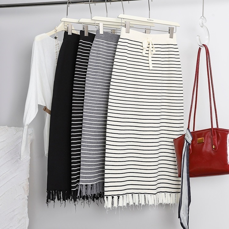 【送.料.無.料.急速発送】【新作】デザイン感ストライプフリンジニットスカートドローコードヒップバッグロングスカート