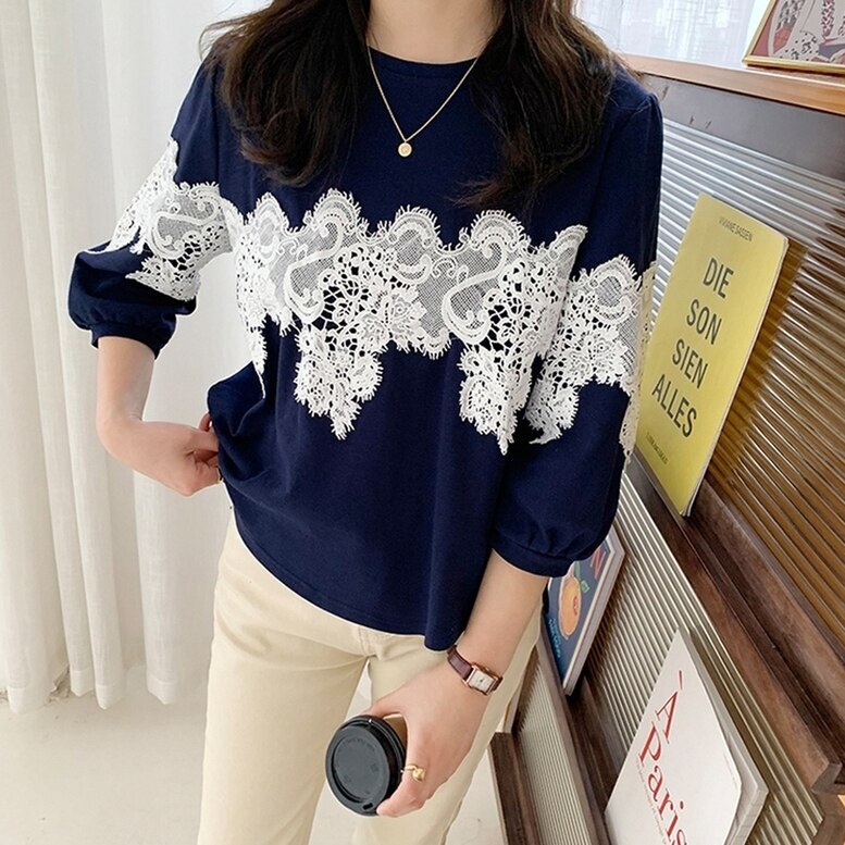 4color レディース レースデザインプルオーバー 配色レーストップス トップス スウェット シャ