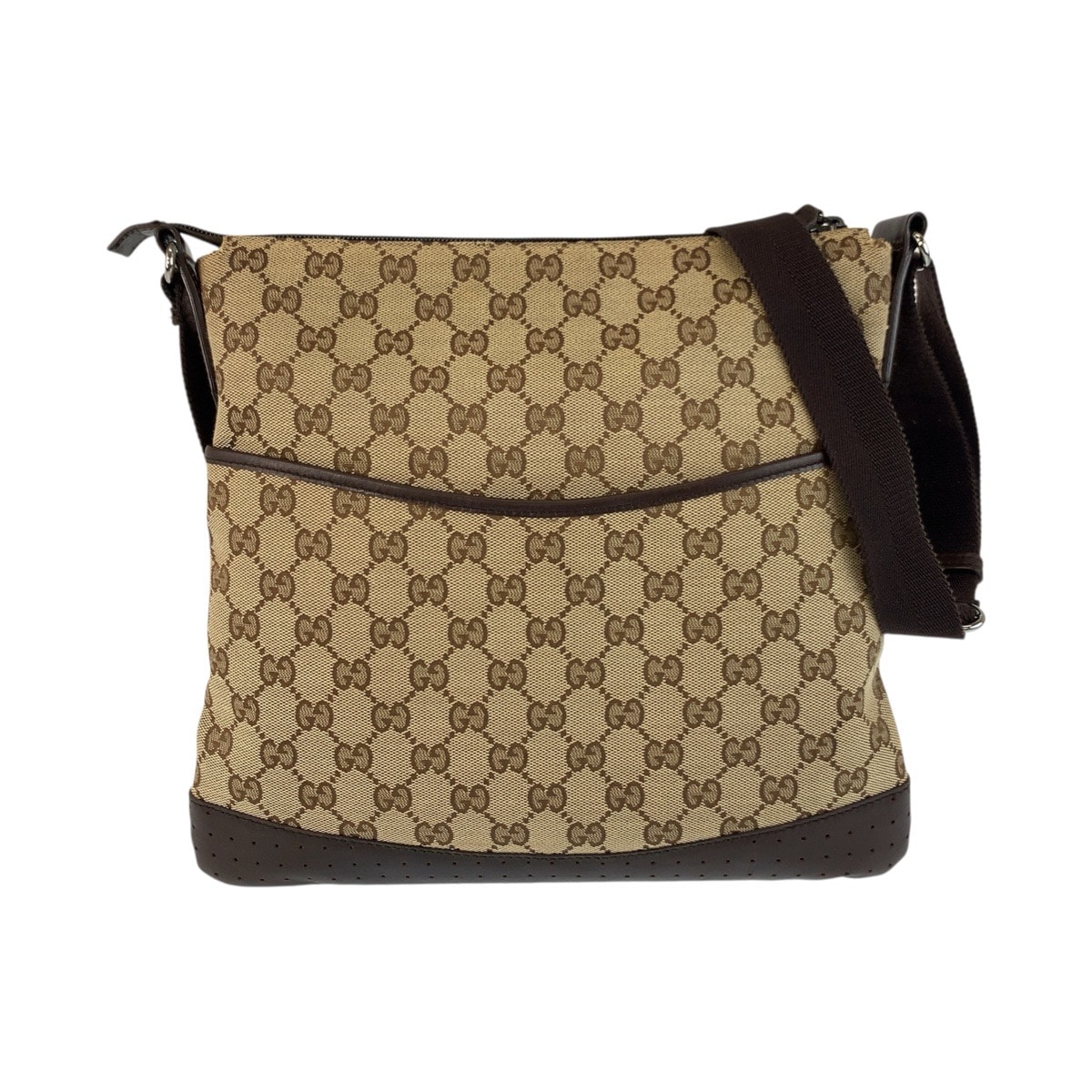 美品 ベージュ ブラウン シルバー金具 GGキャンバス/レザー 145857 ショルダーバッグ メッセンジャーバッグ レディース 503072