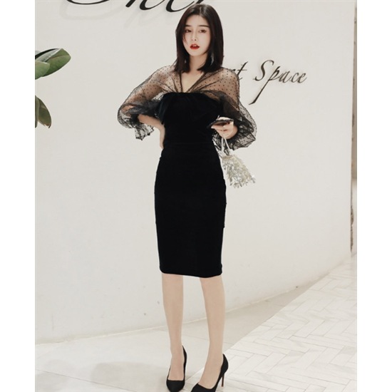 【取寄：納期2週間】結婚式ドレス 体型カバー ハイウエスト 長袖 レトロ パーティードレス フラワースリーブ ドッキングワンピ タイトスカート レース およばれ きれいめ エレガント