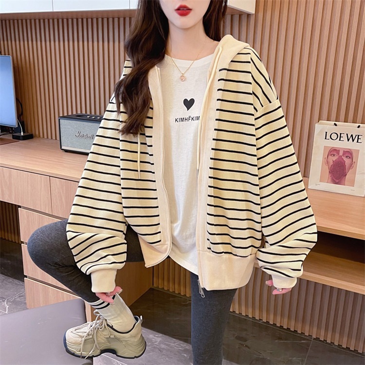 パーカー ビックサイズ ボーダー レディース トップス スエット ジップアップ 羽織り フード ボーダー 長袖 長そで ボリューム袖 大きいサイズ ゆったり 春 オーバーサイズ ボーダーパーカー30%