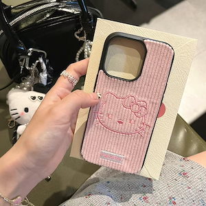 スマホケース キティちゃん刺繍ピンクのストライプがかわいいハローキティiPhone 16アップル15 13/14 pro maxケース11対応