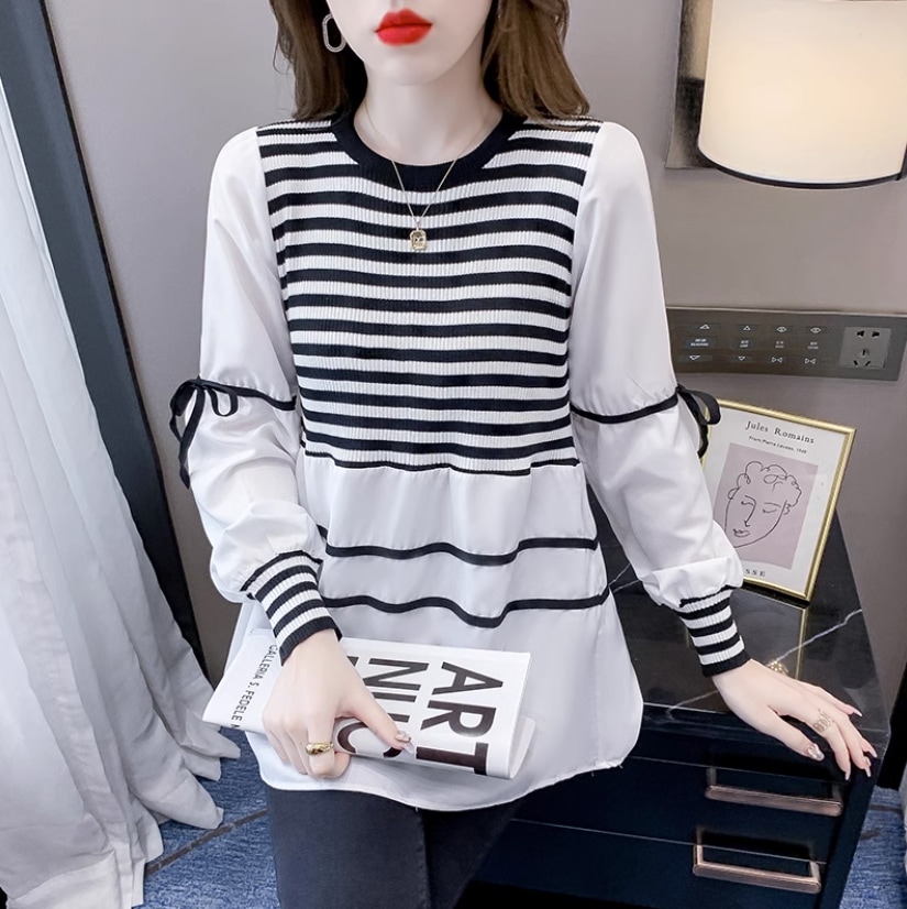 トップス シャツ ロング丈 お尻まですっぽり 長袖 Uネック ストレート サイドリボン フェイクツーピース かわいい 大人可愛い きれいめ カジュアル おしゃれ お洒落 ガーリー ストライプ 春 秋