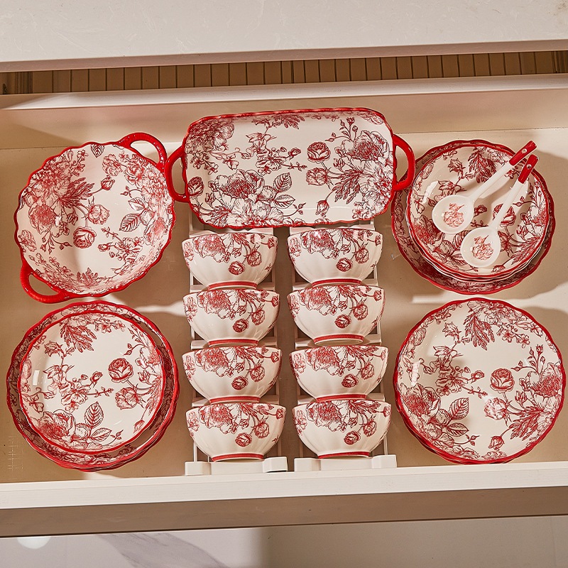 新しいアンダーグレーズ色のヴィンテージフランスのバラの食器セラミック家庭用料理セットライスボウル国会議事堂