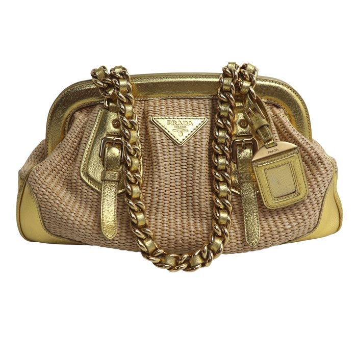 PRADA プラダ ストローバッグ ハンドバッグ ベージュ ゴールド BR3692 レディース 中古