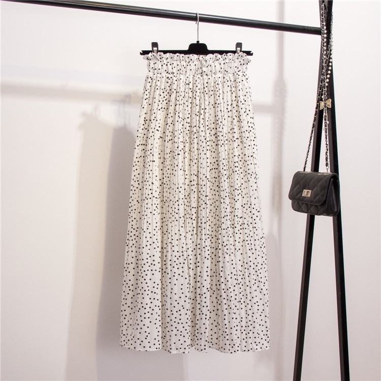 3214.ロング丈 ドット柄プリーツスカート（ホワイト）2019 春夏 シフォン ウエストゴム 普段使い 通勤通学