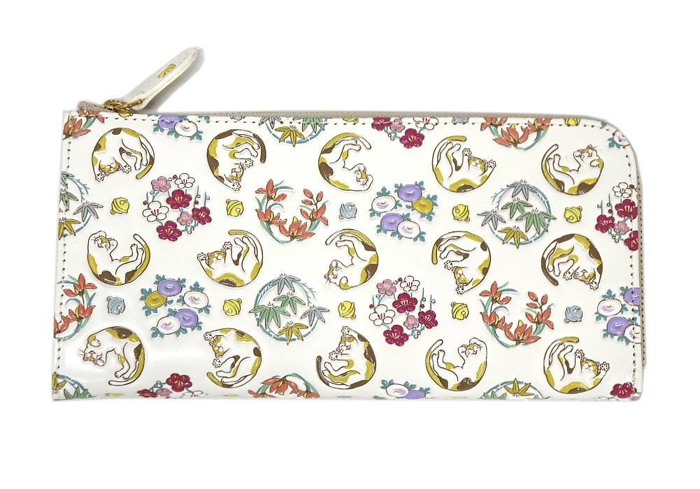 正規取扱 友禅染 長財布 猫 ネコ 四君子 財布 サイフ L字ファスナー 牛革 スリム