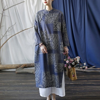 オリジナル秋の文芸レトロでゆったりした女ワンピーススタンドカラーの製バックル改良チャイナドレス