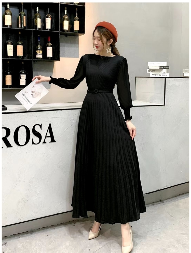 ワンピース 袖あり 長袖 クルーネックプリーツ ウエストマーク ベルト 大人可愛い きれいめ シンプル カジュアル 上品 お洒落 大人女子 こなれ感 レトロ ガーリー 個性的 エレガント 主役級