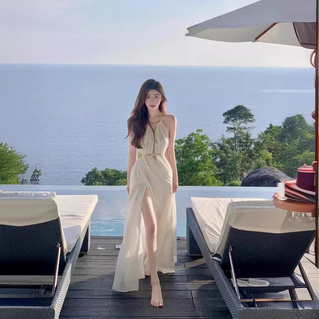 旅行写真ビーチドレス海辺の休暇ドレス純粋なセクシーなセクシーな中空白いサスペンダードレス