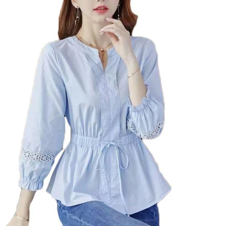期間限定オファー 短納期 ロングブラウス ｖネック レディース 春秋 レースブラウス おしゃれブラウス コットン ウエスト紐 ロングシャツ 九分袖 フリルブラウス ｖネック 切り替え 無地 数量限定