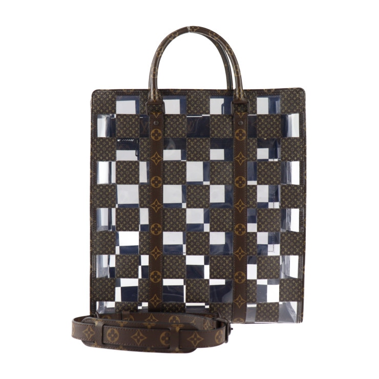 美品 LOUIS VUITTON ルイ ヴィトン トートバッグ M20866 サックプラ モノグラム チェス PVC ビニール ブラウン クリア 2WAY ショルダーバッグ ビトン 本物保証 中古