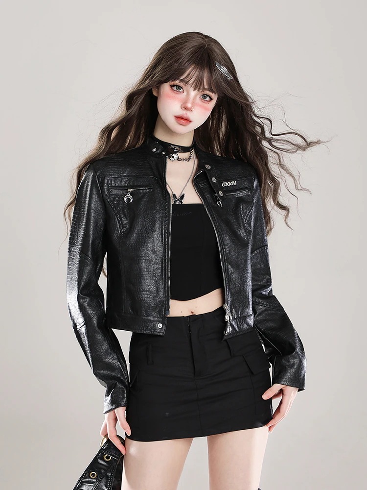 2025新入荷 長袖 ジャケット かわいい ックスタンドネックショート アウター丈羽織り合成バイカラーフェイク黑カジュアル シルエットゆったりファッション系サイズ 色っぽ 女っぽきれいめ大人っぽ