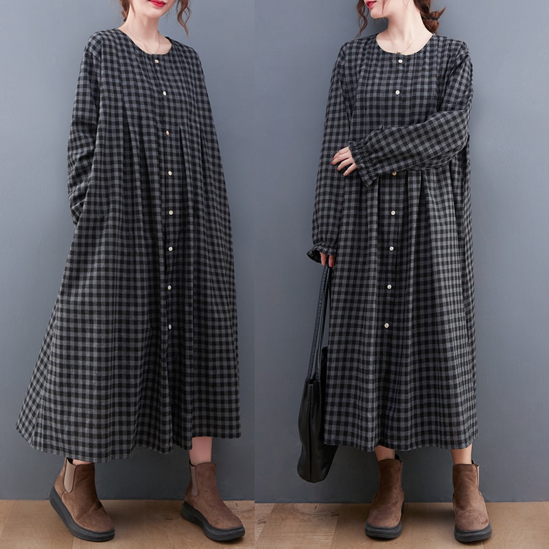 ワンピース シャツワンピース チェック柄 ロングワンピース 襟なし 長袖 フロントボタン ロング丈 ミモレ丈 フレア Aライン ゆったり 大人女子 大人可愛い 体型カバー オシャレ おしゃれ