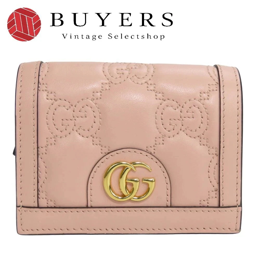 中古 極美品 二つ折り財布 723786 GGマトラッセ レザー ピンク ゴールド金具 小物 コンパクトウォレット レディース 女性