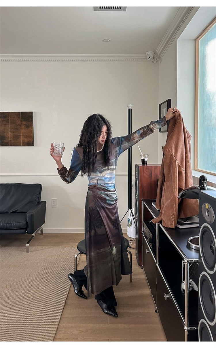 スタイル 水墨画 レーヨン 薄 レトロ デザインセンス スリム キャミ プリント 絞り 2点セット