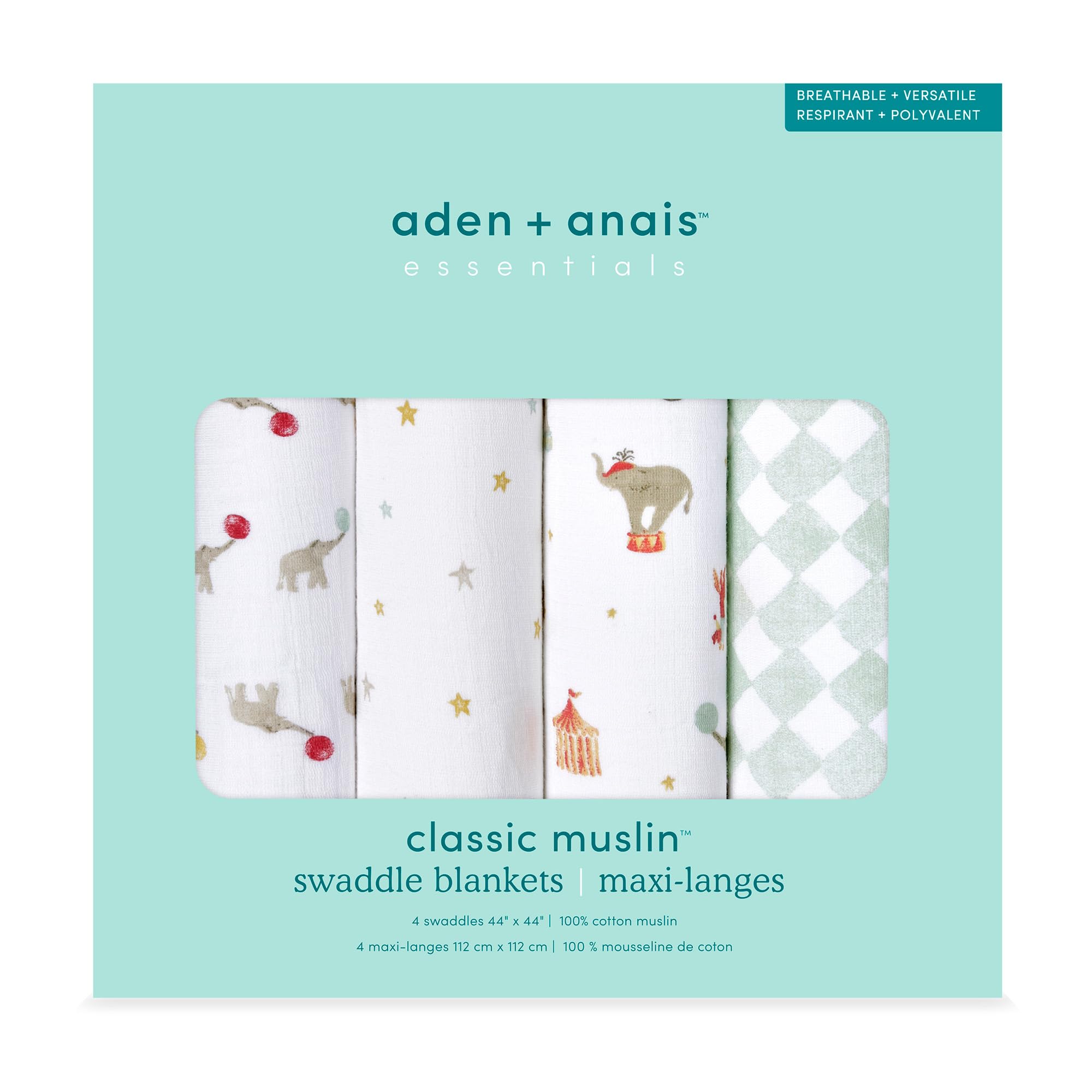 Q10最安値挑戦 aden anais essentials(エイデンアンドアネイエッセンシャルズ)スワドル おくるみ elephant circus デザイン 4枚セット モスリンコットン 新生児