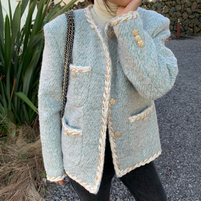 ノーカラーツイードジャケット ノーカラージャケット ツイード風 ジャケット レディース コート. アウター シック フェミニン リッチ レディースジャケット オフィス エレガント a3981