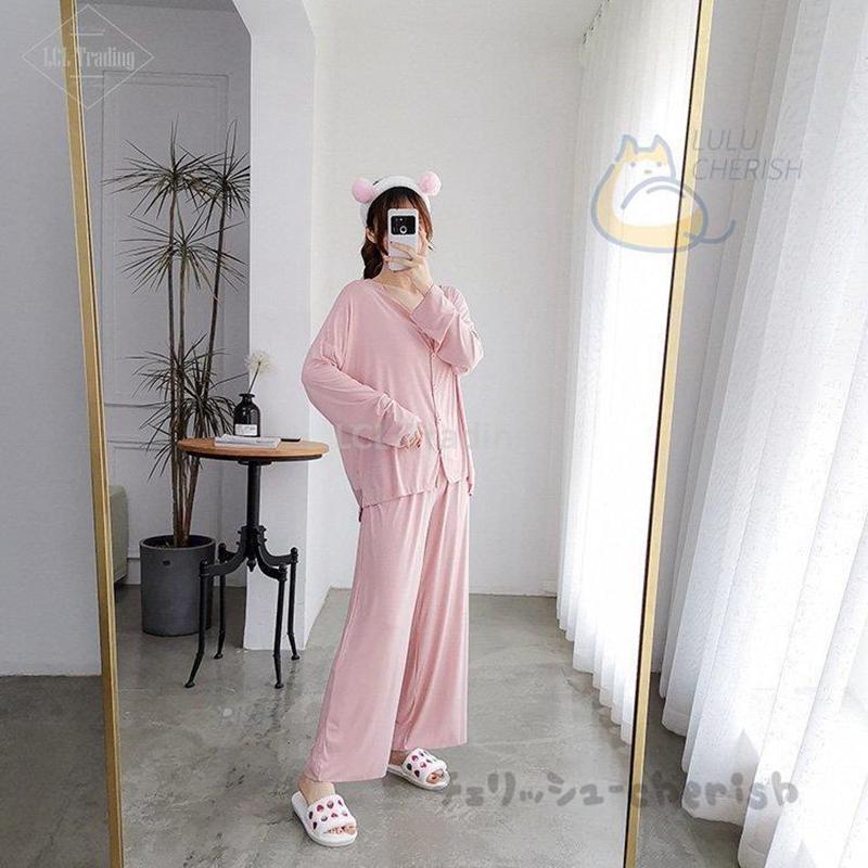 大パジャマ レディース 春 秋 長袖 パジャマ 前開き ロングパンツ ウェア 上下セット 無地 パジャマ 可愛い 部屋着 風 寝巻き パジャマ 卒業式