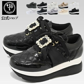 【公式】 ヨースケ 厚底 スニーカー レディース クリスタル風バックル 歩きやすい 6cm 厚底フラット 靴