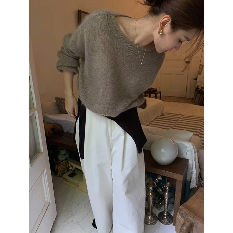 秋のシンプルなレイジーモヘアセータークルーネックセーター女性用 W1127