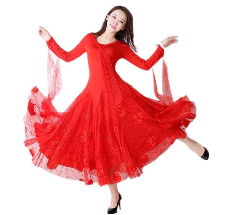 新作入荷 リボン付モダンドレス　スパンコール社交ダンス衣装　ラテンワルツドレス　キラキラ舞台演出ドレス　ソシアル　インターナショナルダンス衣装　イベント団体演出服　発表会 競技着 練習着　レッスン着