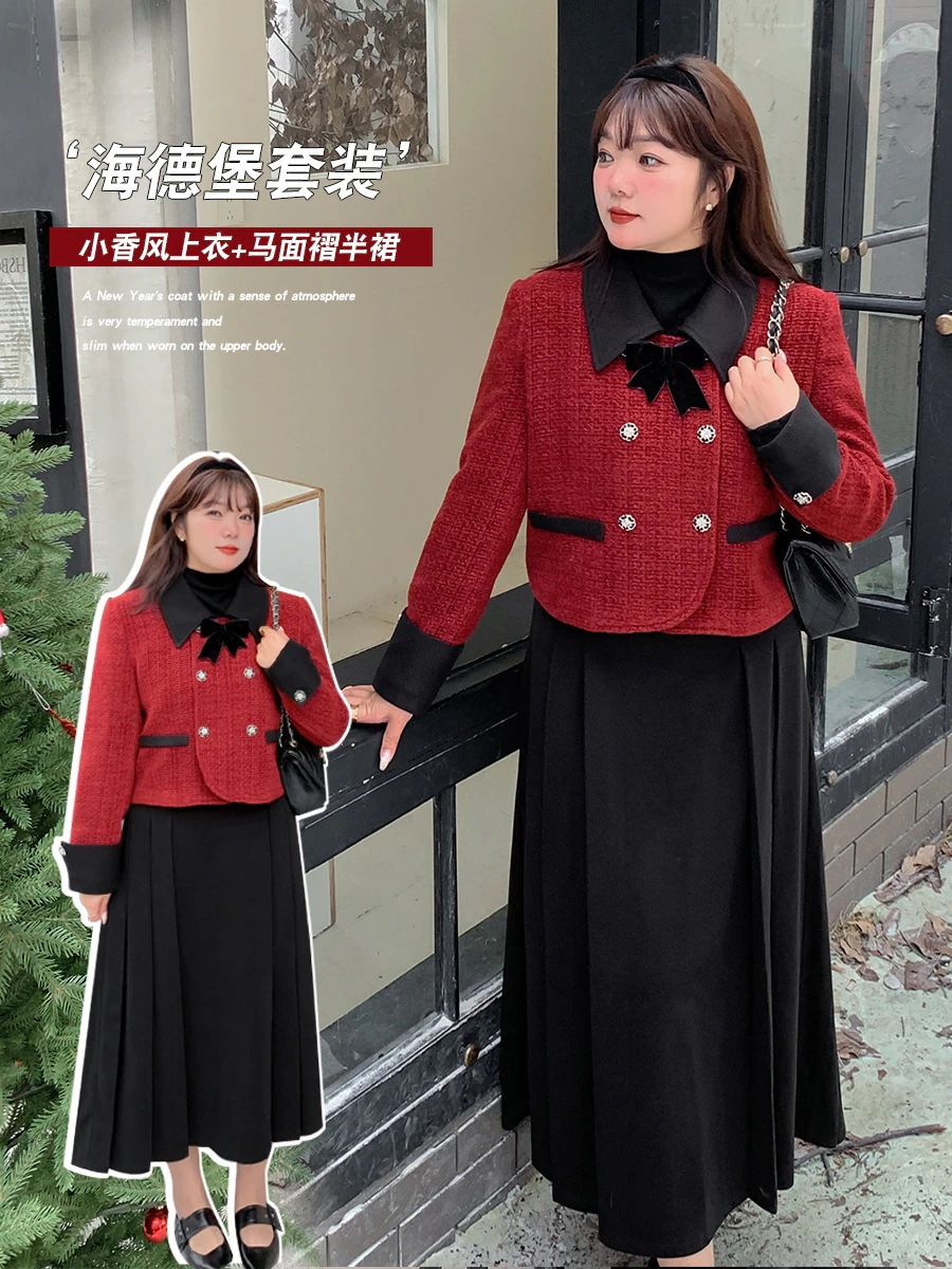 【ぽちゃまに】 冬 スーツセッ今週の割引は 25% オフですト クリスマス 新年 ははのセットアップ レトロ ドッキング プリーツスカート 大きいサイズ 体型カバー レディース セットアップ メガ割