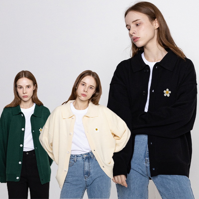 [UNISEX]Flower Dot Embroidered Knit Collar Cardigan_3color