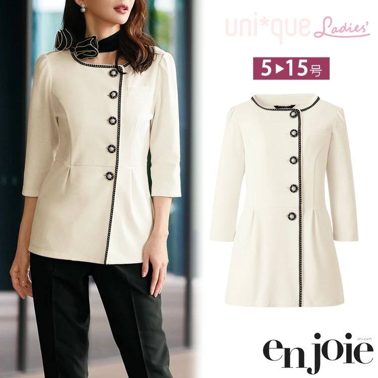 アンジョア レディース 七分袖 オーバーブラウス 26555 オールシーズン アイボリー ホワイトフラワーモチーフ 透けにくい ソフトジャケット オフィス ユニフォーム 制服 通勤 事務服 入学式