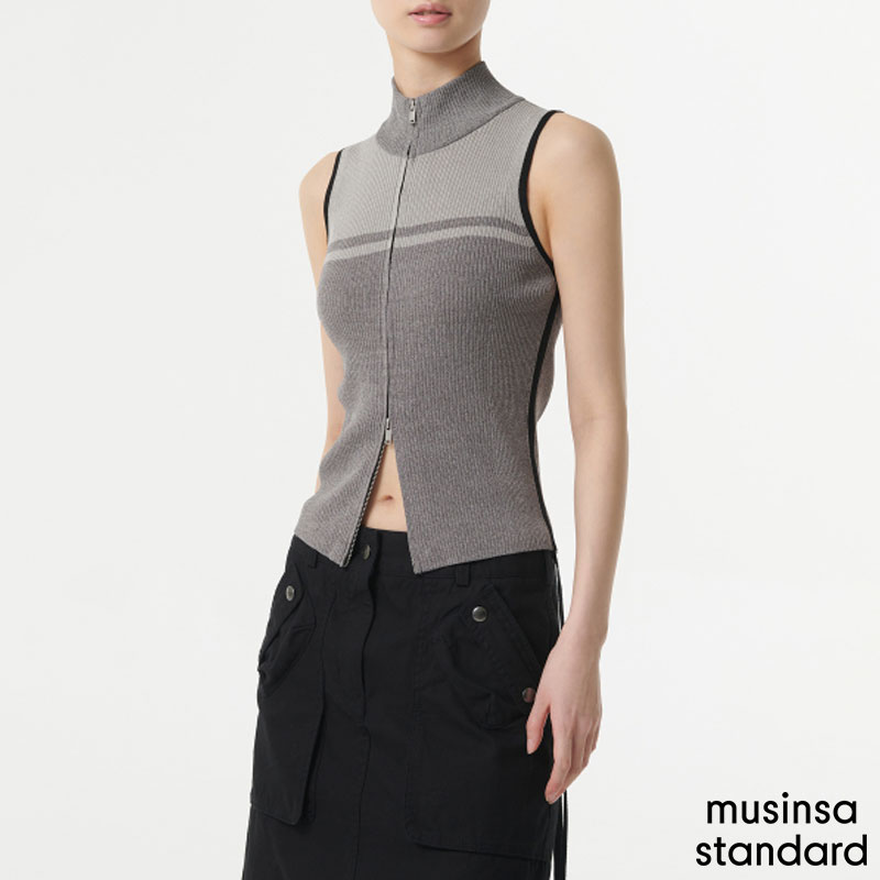 [무신사] ウーマンズ リブ トラック ニット ジップアップ ベスト ( MELANGE GREY )