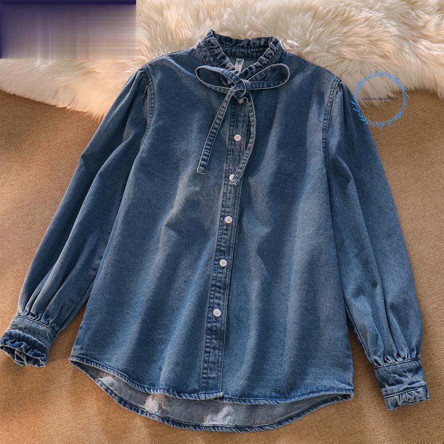 3日で出荷 ブラウス レディース ス シャツ デニム 立ち襟 フリル リボン ボウタイ 長袖 2023 春 春服