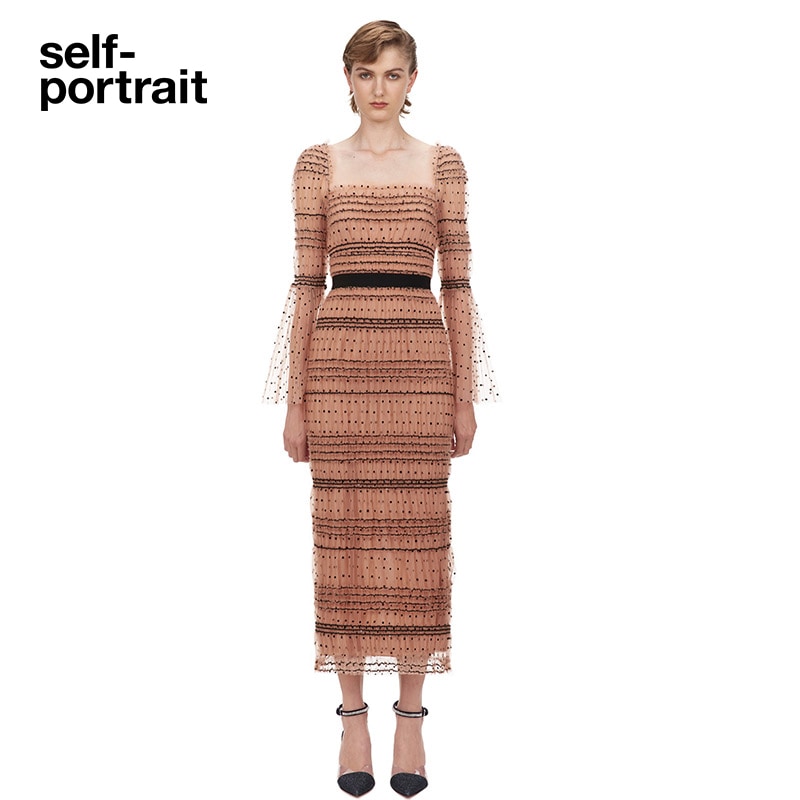 自画像スクエアネック水玉ウエストヌード長袖ワンピースロングスカート