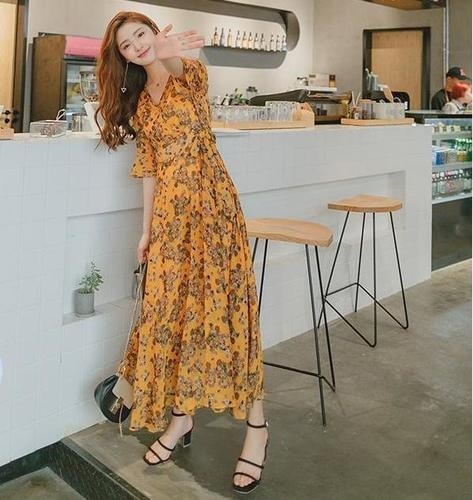 1511.花柄レトロマキシワンピース（イエロー） 2019 春夏 sale リゾート 海 ビーチ 女子会 ランチ お呼ばれ