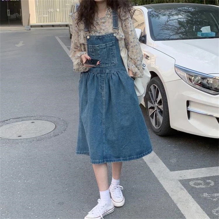 INSスタイル ロングスカート 新作 春 2点セット デニム ギャザリング サスペンダースカート