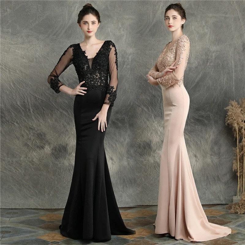 【急速出荷!】ロングドレス 発表会 演奏会ワンピース 20代 30代 40代 深Vネックドレス シースルー袖 全5色 ナイトドレス ロング丈 花飾り 胸元セクシー タイトドレス 結婚式 披露宴 二次会