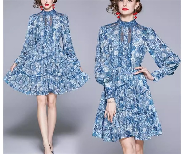 レディース ドレス ワンピース パーティードレス パーティー 膝上 ミドル丈 長袖 ボリューム ランタンスリーブ スタンドカラー ハイウエスト 可愛い きれいめ 大人可愛い 上品 おしゃれ レトロ