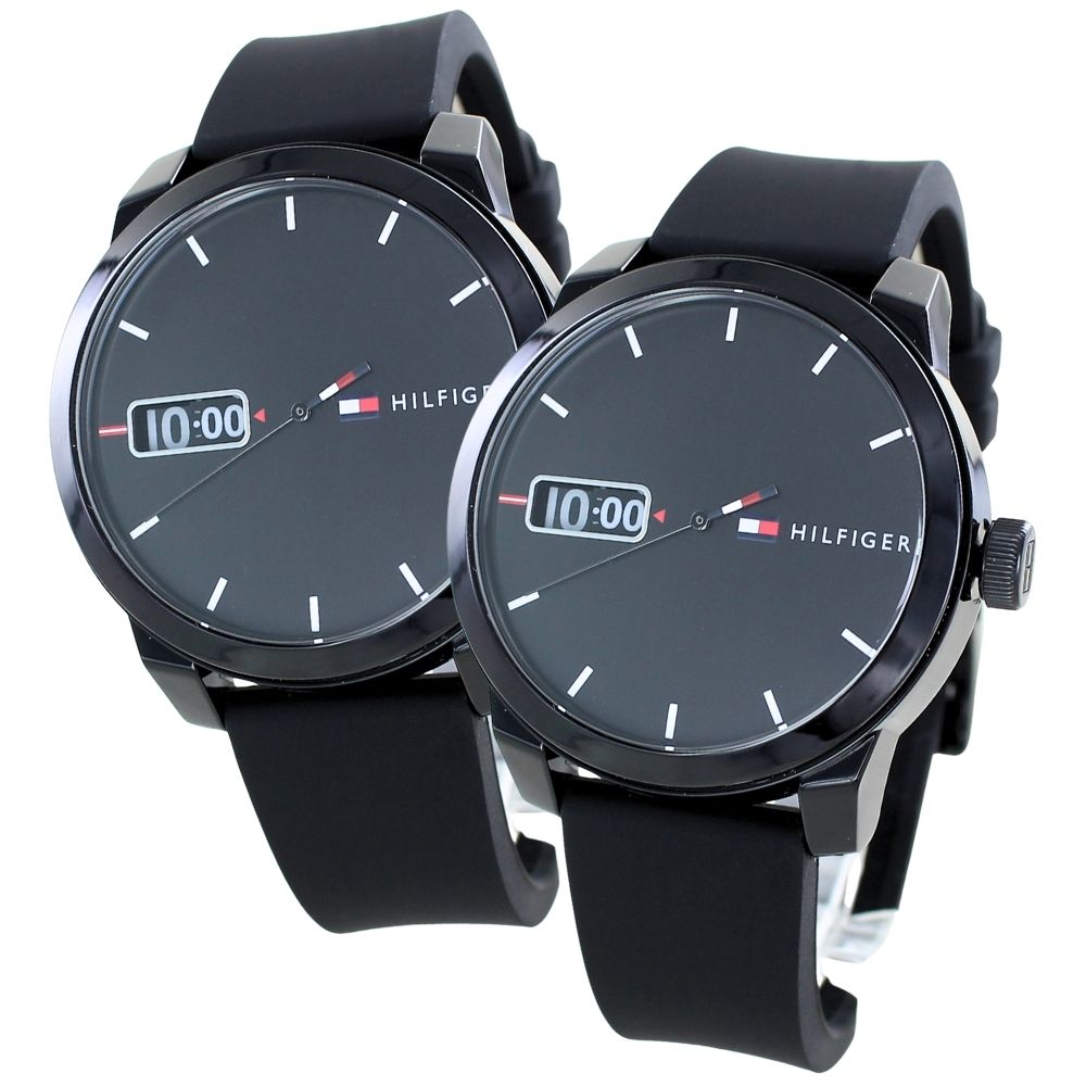 再入荷【ペア収納ケース箱つき】トミーヒルフィガー 腕時計 手表 ペアウォッチ兼用 同モデル2本 デジタル表示 黒いとけい ブラックラバー 17913821791382 誕生日プレゼント ポイント消化