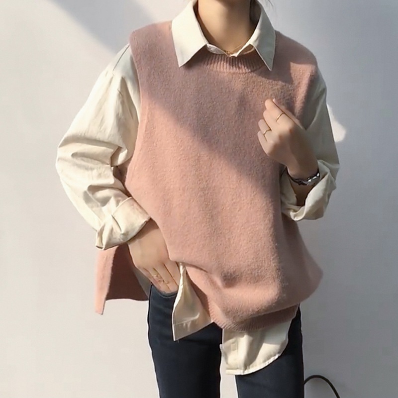 ルーズニットベスト ラウンドネックニット ワイドサイズニットセーター カジュアルニットベスト トップス ニットソー セーター ベスト 上着 ロング ロング丈 袖なし ノースリーブ Uネック