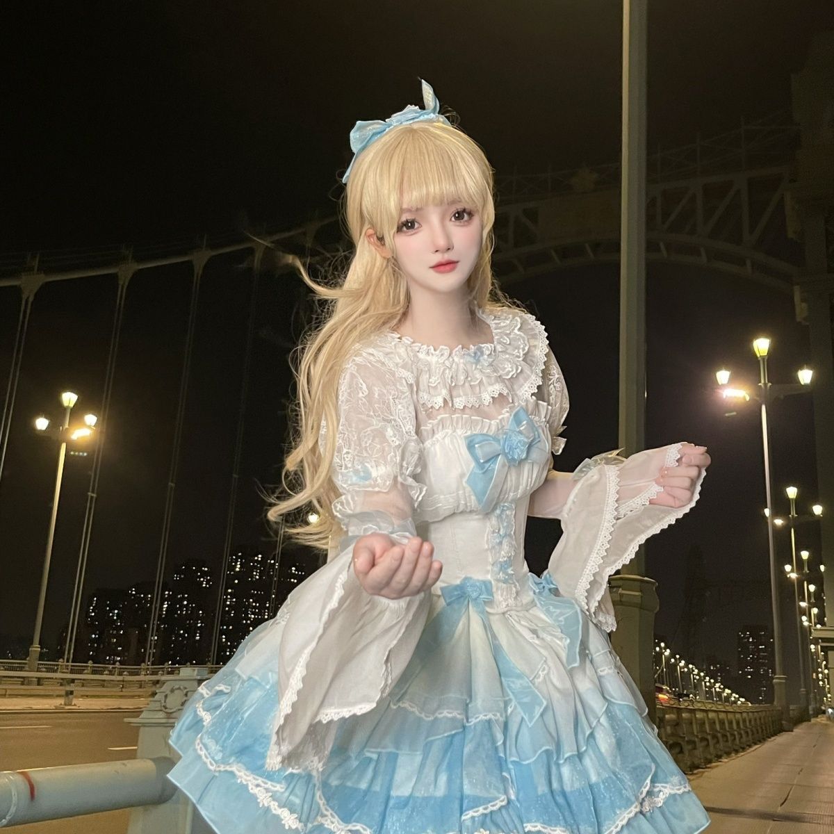 ワンピースドレスドレス女性用ロリータ青白グラデーションワンピース（インナー付き）