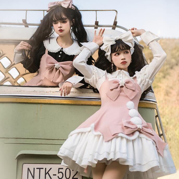 可愛い ロリータ ワンピース キャミソール ポンポン付き 春秋冬 ロリータ 服 長袖 ブラウス ロリータ風ブラウス ティアードドレス リボン付き ノースリーブ ロリータドレス スイート ピンク ブルー