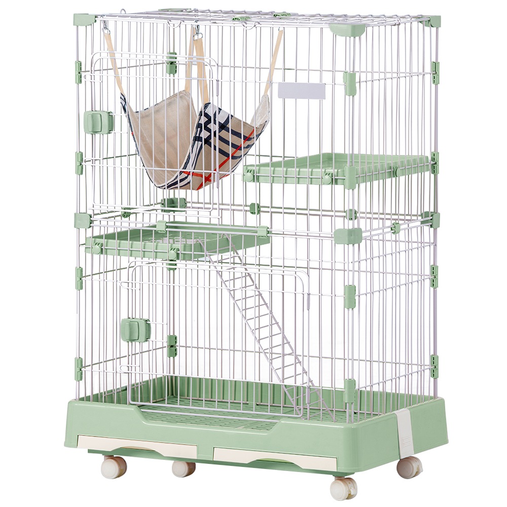 猫 ケージ キャットケージ ペットケージ キャスター付 猫ゲージ 大型 多頭飼い ネコドア キャットハウス 1段2段可能 留守番 保護 脱走防止 おしゃれ (2段,グリーン)