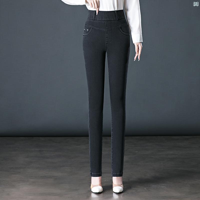 暖かい 耐久性 ベルベット 厚手 デニム レディースパンツ 秋冬 ハイウエスト 大きいサイズ ズボン スリムフィット パンツ