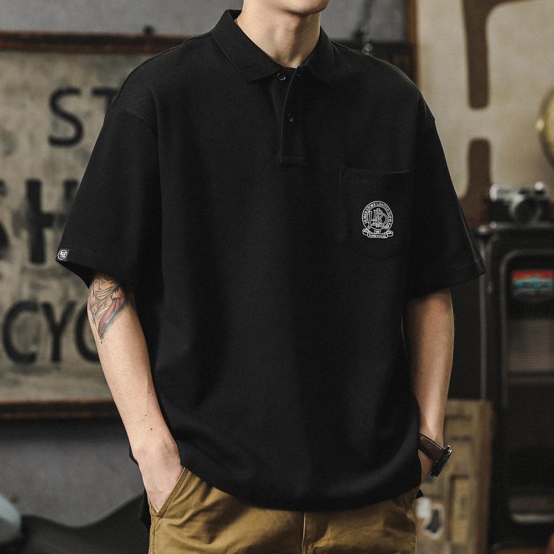 ポロシャツ メンズ 高級 快適 Tシャツ ハイエンド 黒 シンプル 万能 半袖 ドロップスリーブ アメリカンカジュアル ロゴ シンプル 高汎用性