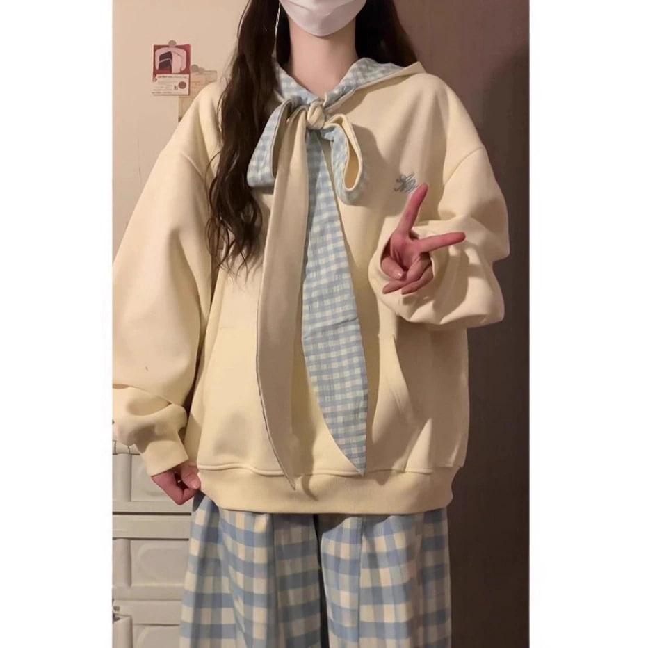 女性のための甘いチェック柄の蝶ネクタイフード付きスウェットシャツ新しい春と秋のスタイルゆったりとした快適なコート