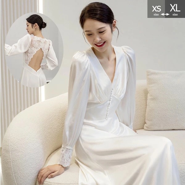 花嫁 ウェディングドレス 背中開き 長袖 シンプル 白ドレス ワンピース 花嫁 結婚式 二次会 披露宴 前撮り 後撮り 撮影用 ビーチフォト フォトウェディング レース ドレス ロング ウエディングド