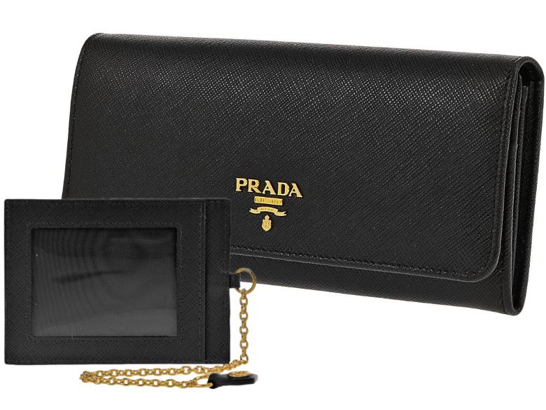 PRADA 1MH132-QWA-F0002 SAFFIANO METAL ORO NERO プラダ スナップ長財布 チェーン パスケース付 サフィアーノ(型押レザー) ブラック/ゴールド
