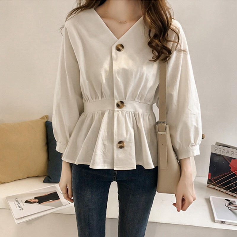トップス シャツ ブラウス カットソー 上着 羽織 長袖 Vネック ギャザー 裾フリル フリル ウエストマーク ハイウエスト 前開き ボタン フロントボタン ひらひら かわいい 大人可愛い きれいめ