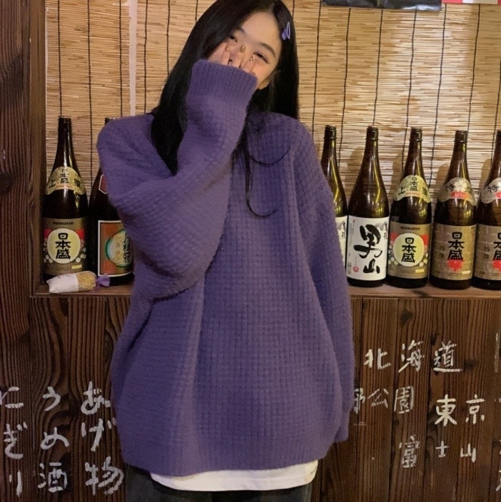 もこもこ ニット セーター パープル 紫 グリーン 緑 トップス プルオーバー 袖あり 長袖