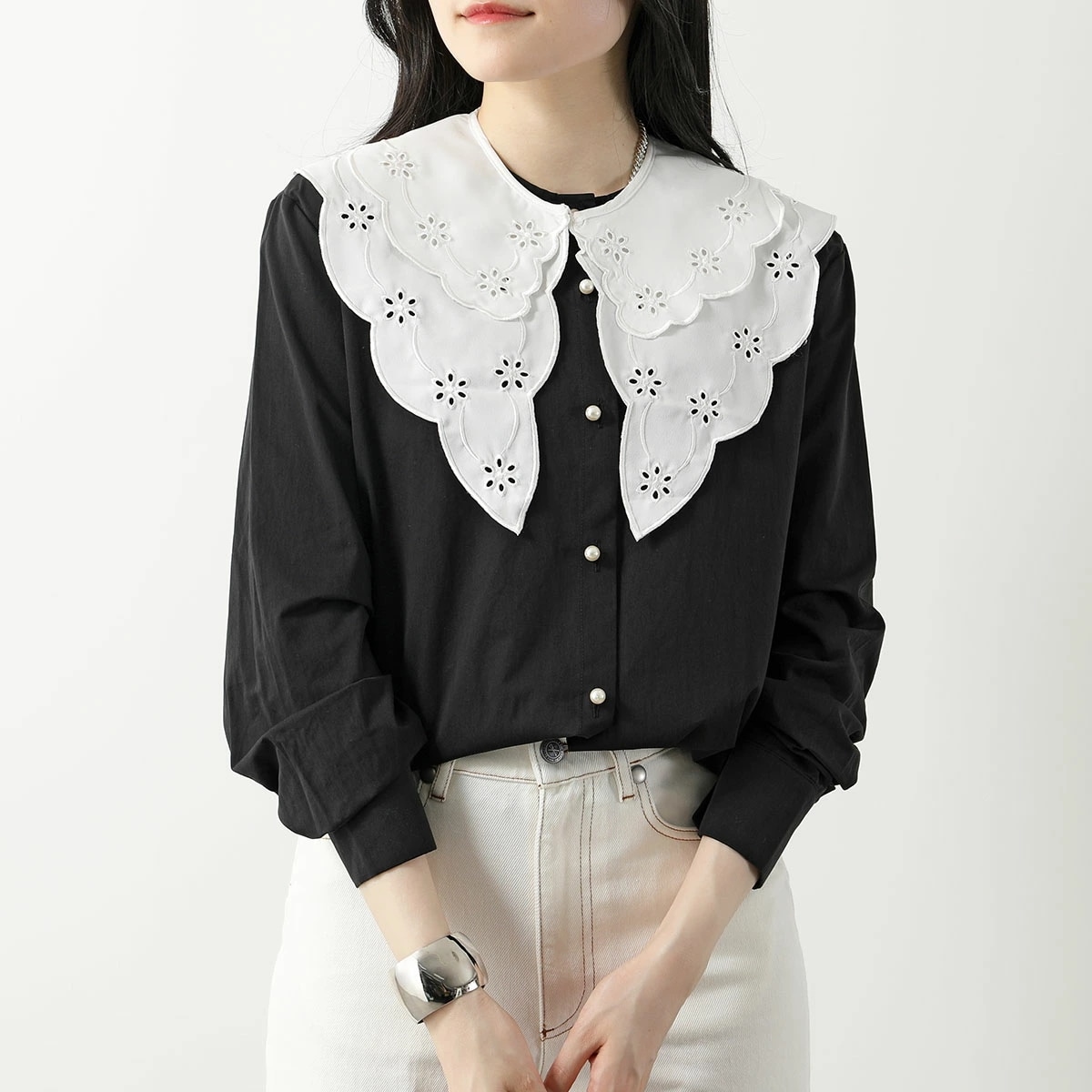Sister Jane シスタージェーン 長袖 ブラウス Ara Collar Blouse BL1205 レディース レース 付け襟 コットン パールボタン Coal-Black 12,213円